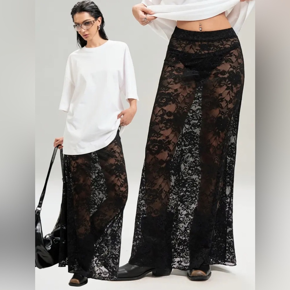 Elegant Black Lace Skirt Semi Sheer Size L